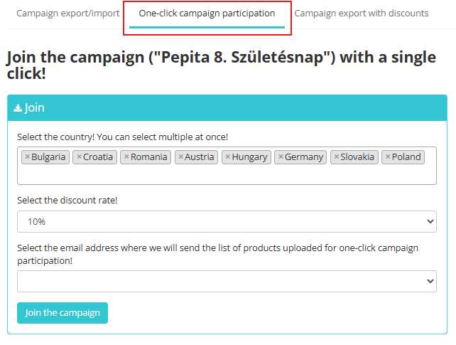 Opțiuni de înscriere în campanie 1 Egykattintasos EN 1