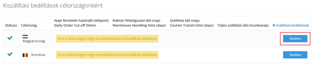 Szállítási idő beállítása célországonként 3 Celroszag beallitasa