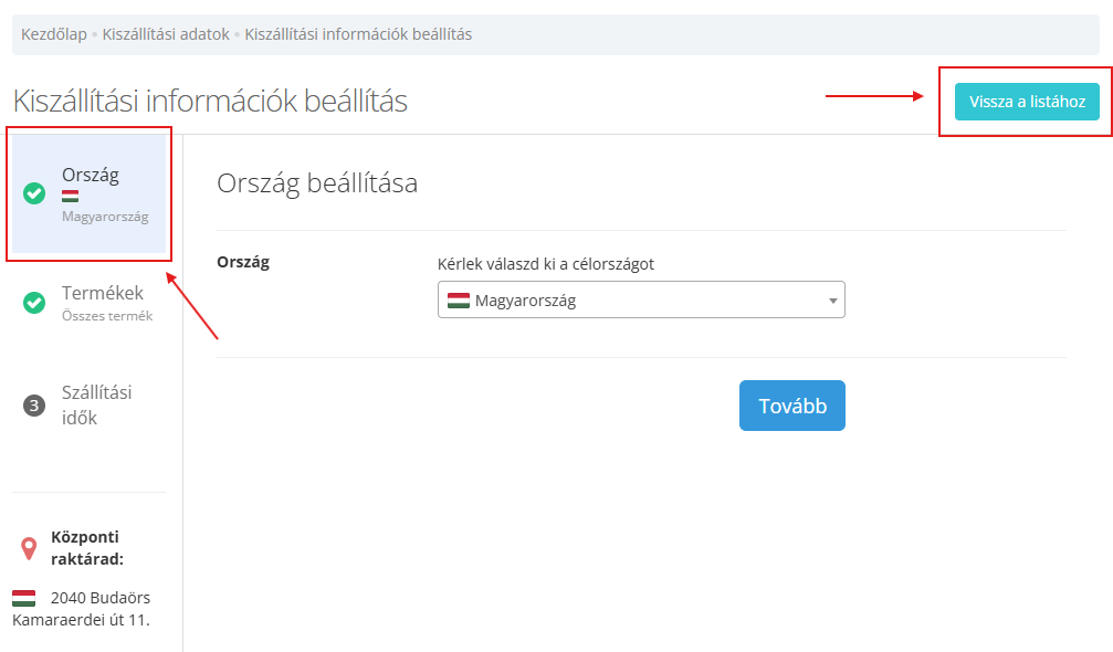 Szállítási idő beállítása célországonként 9 Kovetkezo orszag