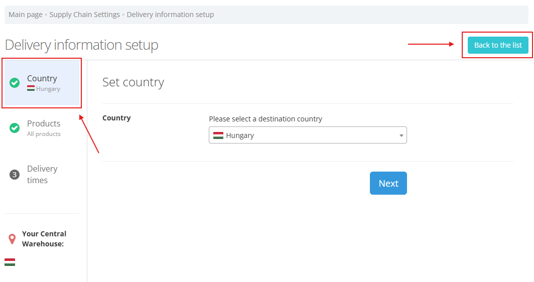 Setting delivery times by destination country 9 Kovetkezo orszag EN