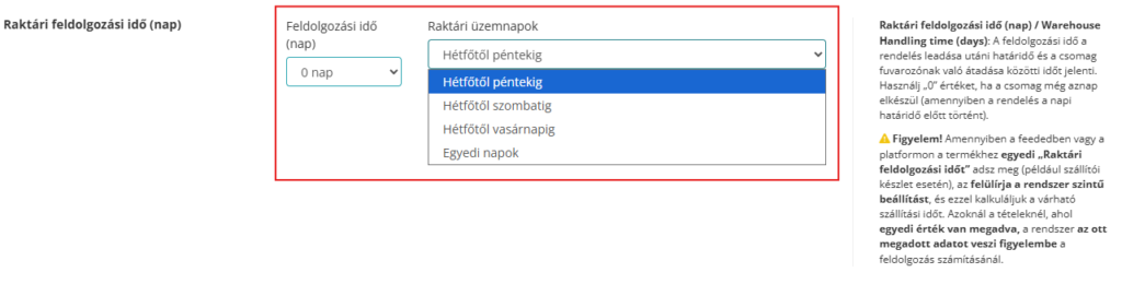 Szállítási idő beállítása célországonként 5 Raktari feldolgozasi ido
