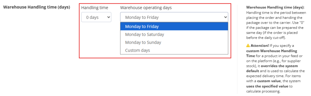 Setting delivery times by destination country 5 Raktari feldolgozasi ido EN