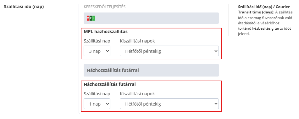 Szállítási idő beállítása célországonként 6 Szallitasi ido